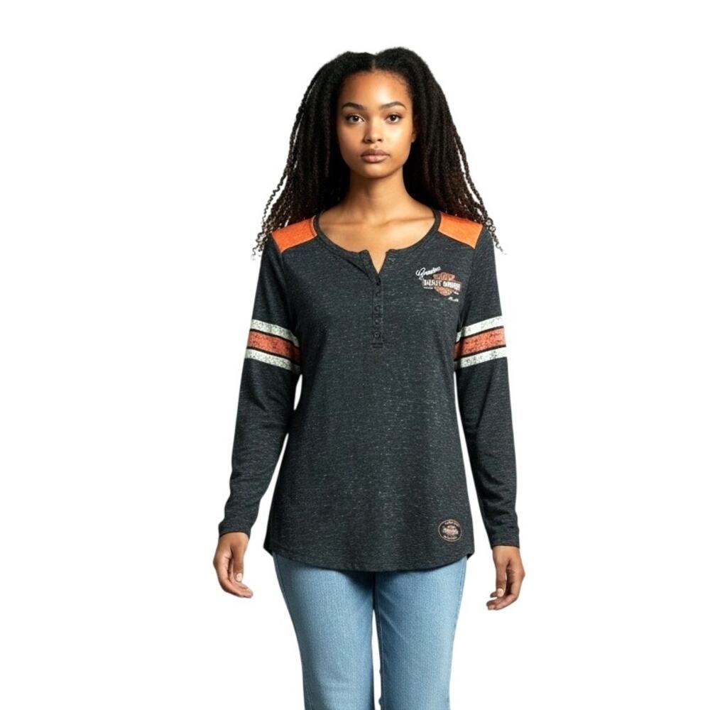 Harley Davidson WmsLong Sleeve Henley Shirt Gray Heather Rhinestones Graphic 2XL